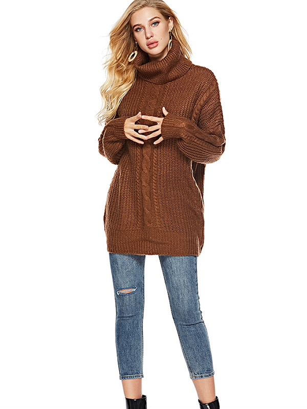 Camel Oversized Funnel Neck Knit Dresses