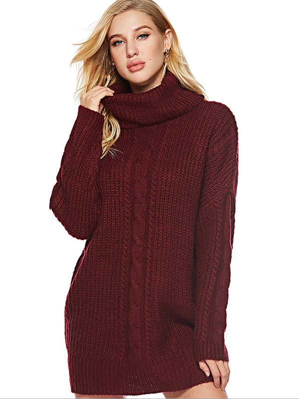 Red Oversized Funnel Neck Knit Dresses