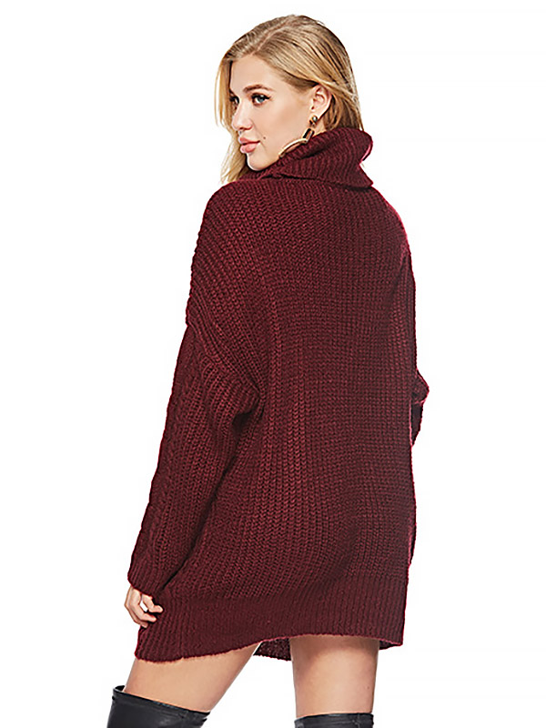 Red Oversized Funnel Neck Knit Dresses