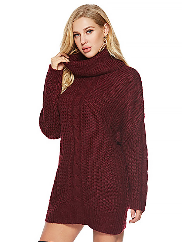 Red Oversized Funnel Neck Knit Dresses