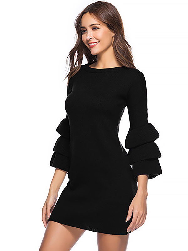 Black Flared Sleeves Solid Color Knit Dresses