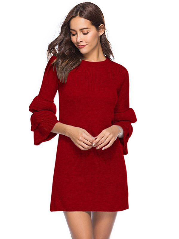 Red Flared Sleeves Solid Color Knit Dresses