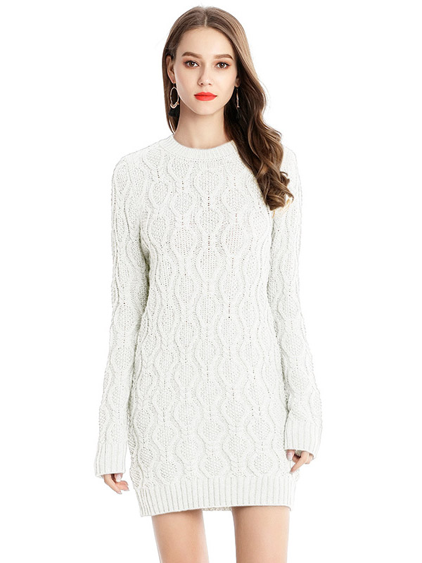 White Midi Knit Dresses With Twisted Flowers Pattern