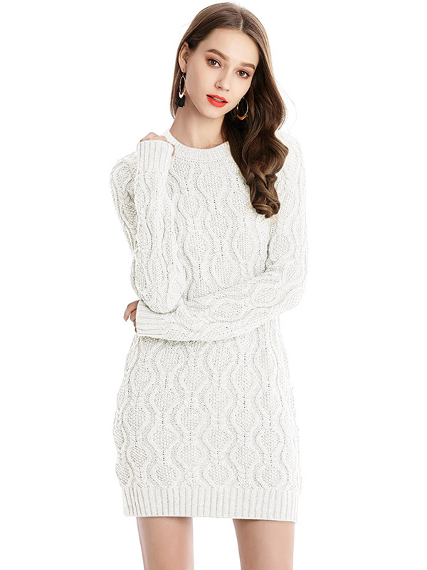 White Midi Knit Dresses With Twisted Flowers Pattern