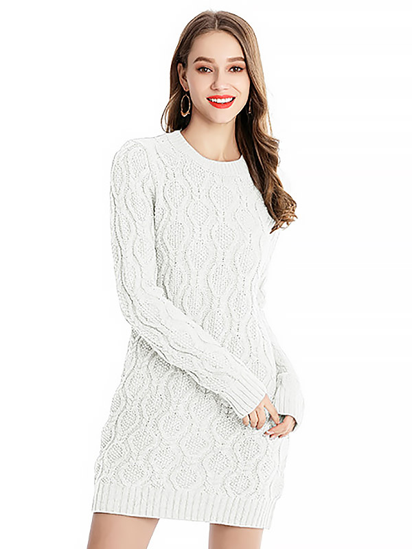 White Midi Knit Dresses With Twisted Flowers Pattern