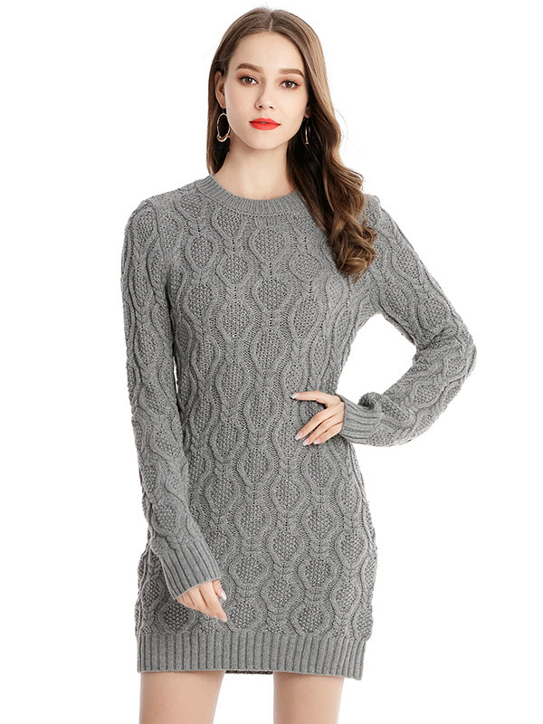 Grey Midi Knit Dresses With Twisted Flowers Pattern