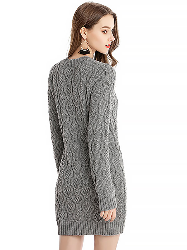 Grey Midi Knit Dresses With Twisted Flowers Pattern