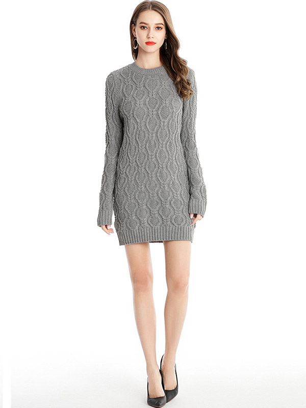 Grey Midi Knit Dresses With Twisted Flowers Pattern