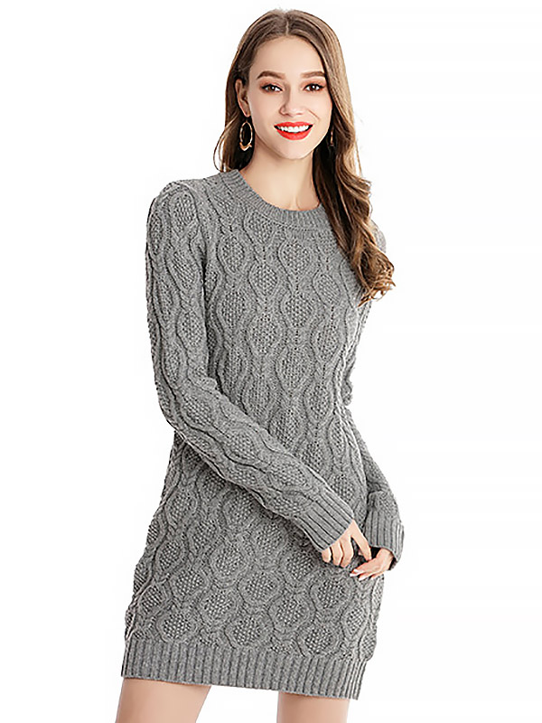 Grey Midi Knit Dresses With Twisted Flowers Pattern