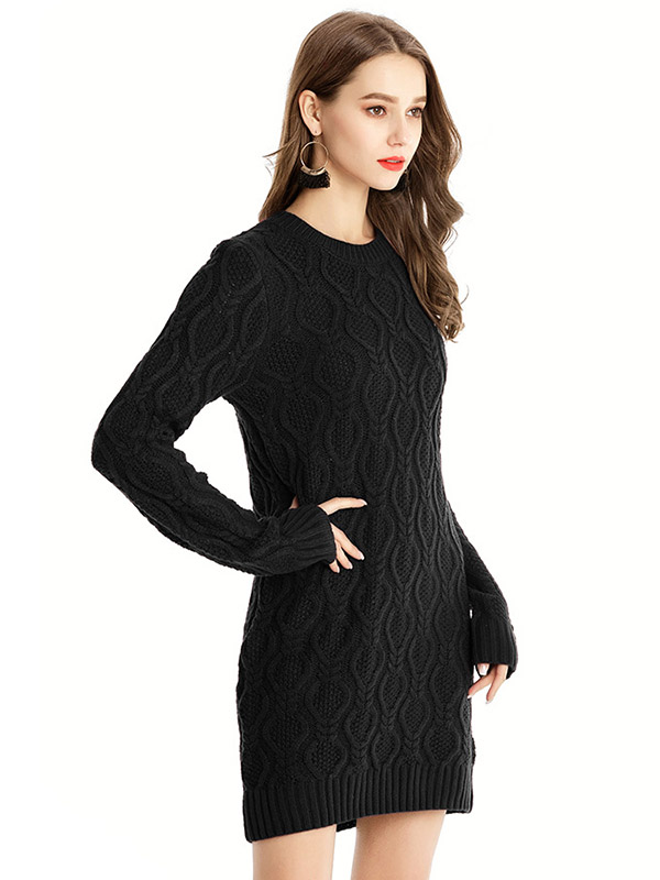 Black Midi Knit Dresses With Twisted Flowers Pattern