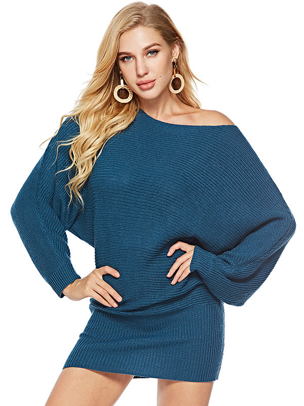 Blue Boat Neck Knit Dresses With Cape Sleeves