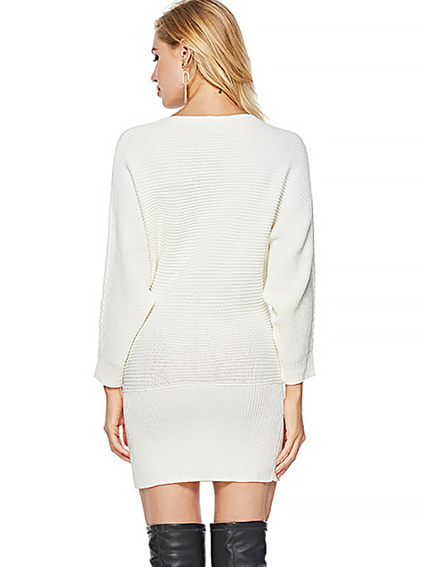 White Boat Neck Knit Dresses With Cape Sleeves