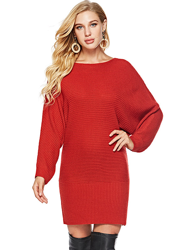 Red Boat Neck Knit Dresses With Cape Sleeves