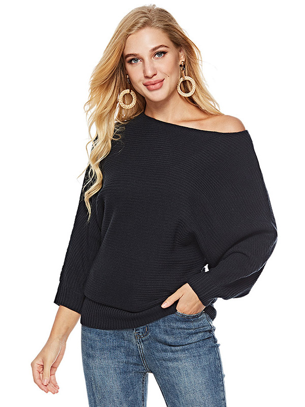 Black Boat Neck Knit Dresses With Cape Sleeves