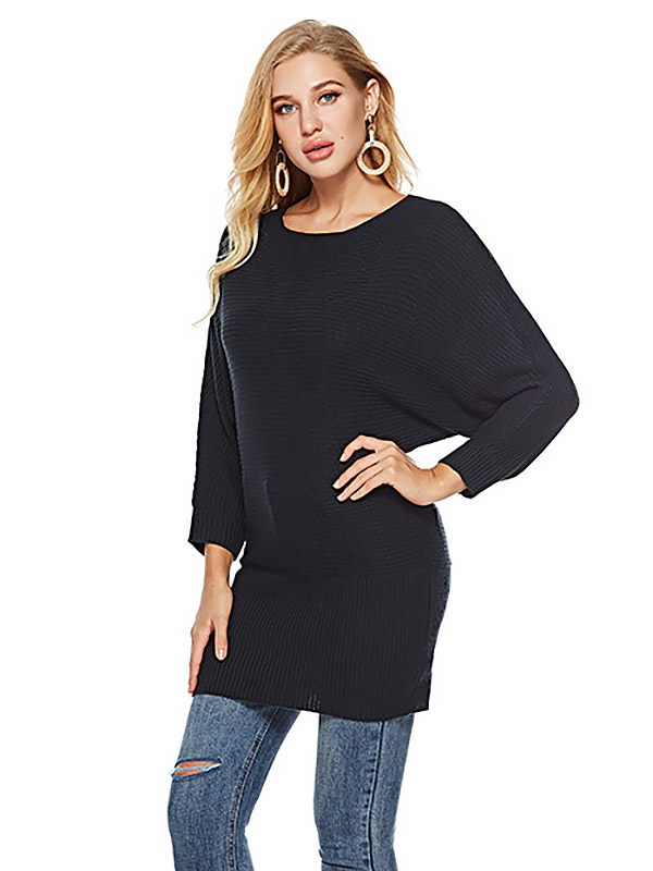 Black Boat Neck Knit Dresses With Cape Sleeves