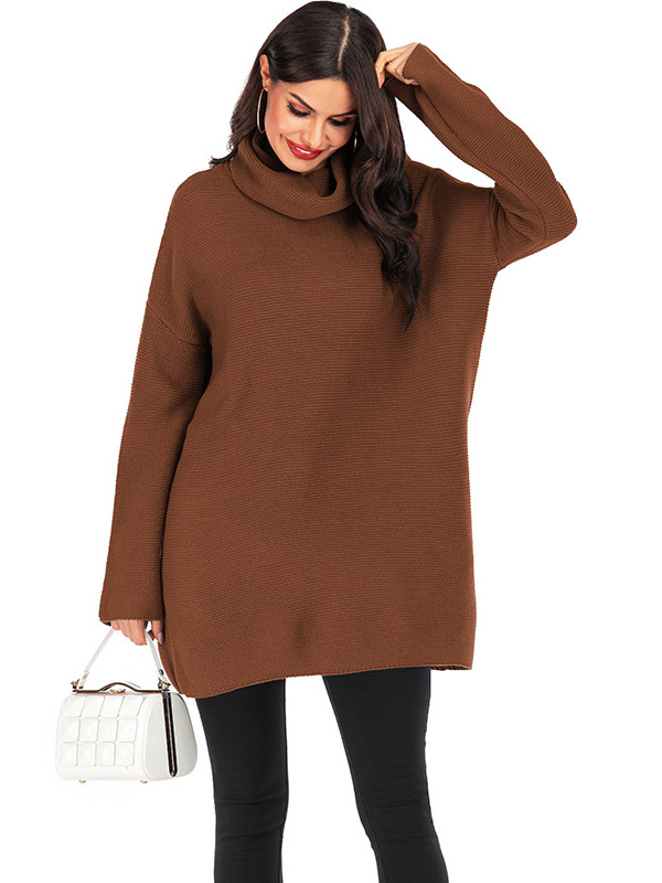 Brown Oversized Knit Dresses With Funnel neck