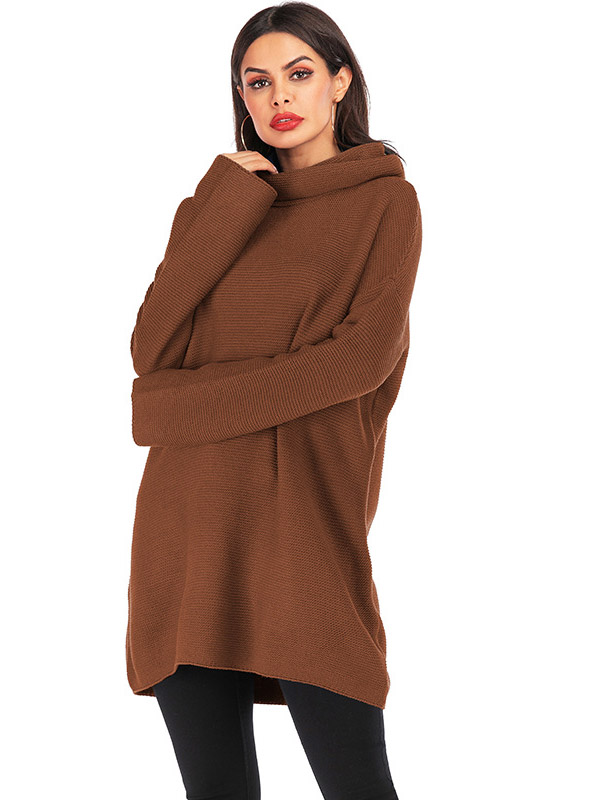 Brown Oversized Knit Dresses With Funnel neck