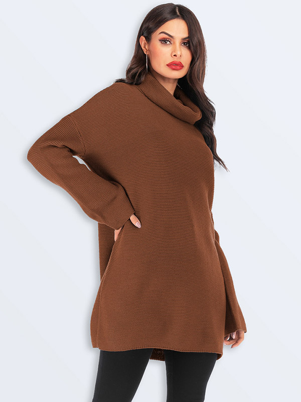 Brown Oversized Knit Dresses With Funnel neck