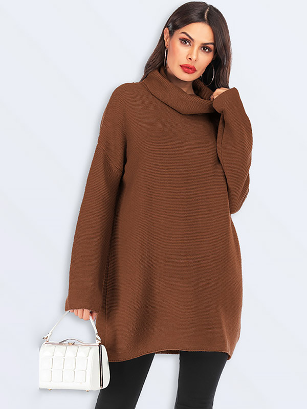 Brown Oversized Knit Dresses With Funnel neck