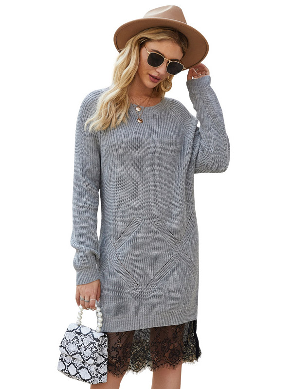 Grey Oversized Knit Dresses With Lace Hem