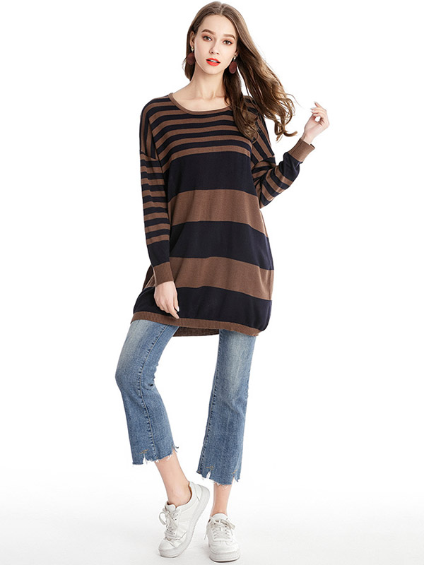 Multicolored Loose Fit Knit Dresses With Stripes