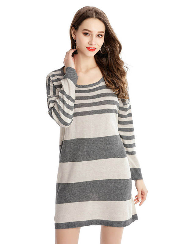 Multicolored Loose Fit Knit Dresses With Stripes