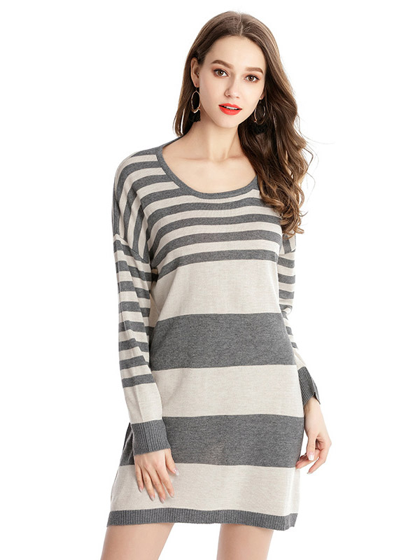 Multicolored Loose Fit Knit Dresses With Stripes