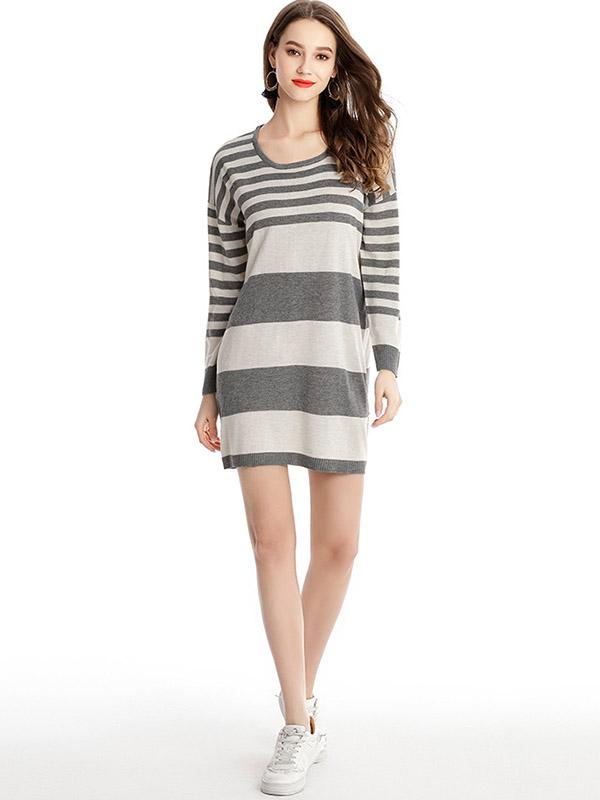 Multicolored Loose Fit Knit Dresses With Stripes