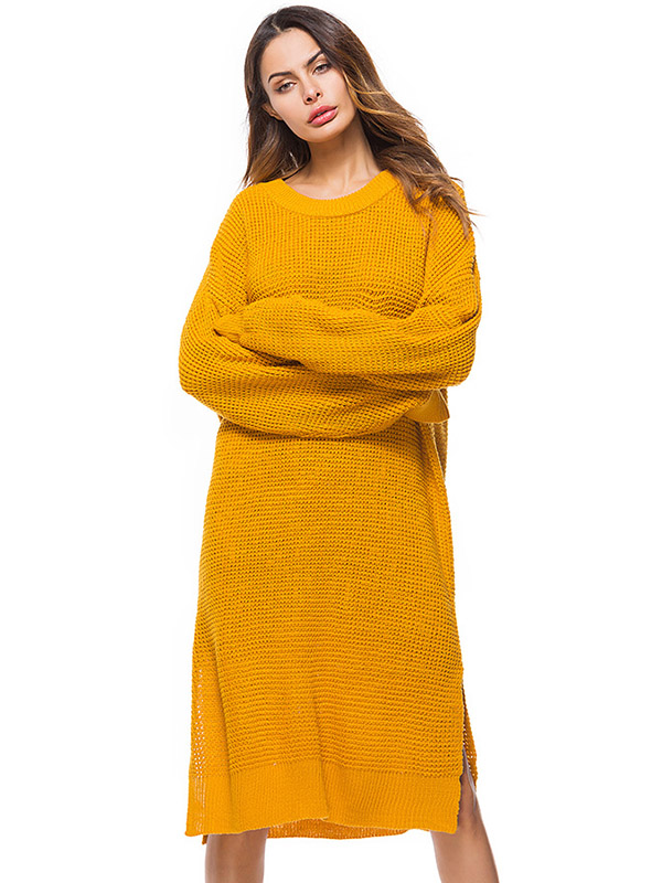 Yellow Oversized Two Sides Split Knit Dresses