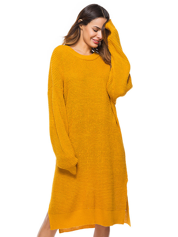 Yellow Oversized Two Sides Split Knit Dresses