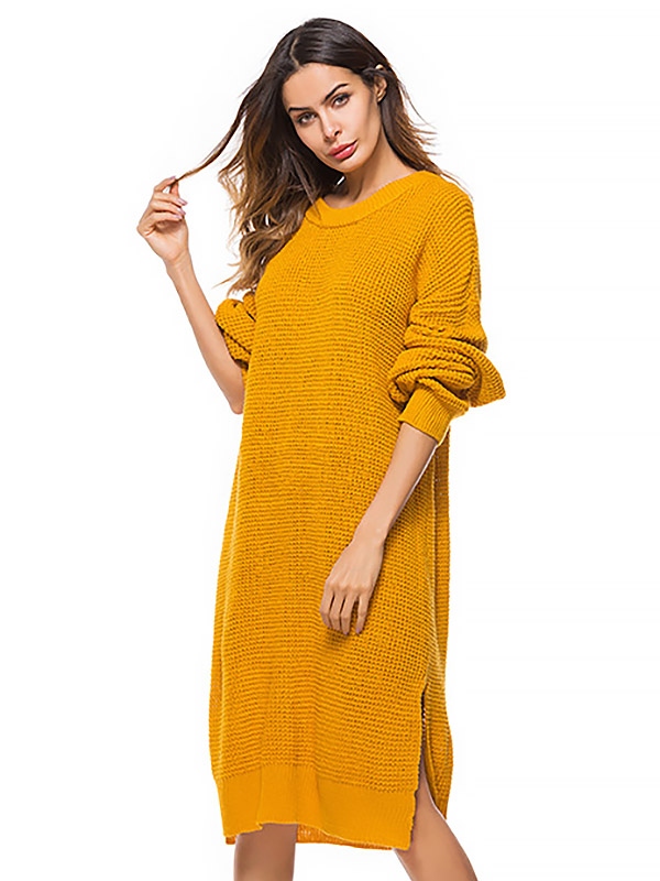 Yellow Oversized Two Sides Split Knit Dresses