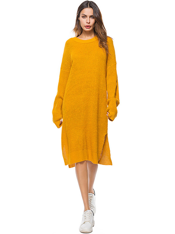 Yellow Oversized Two Sides Split Knit Dresses