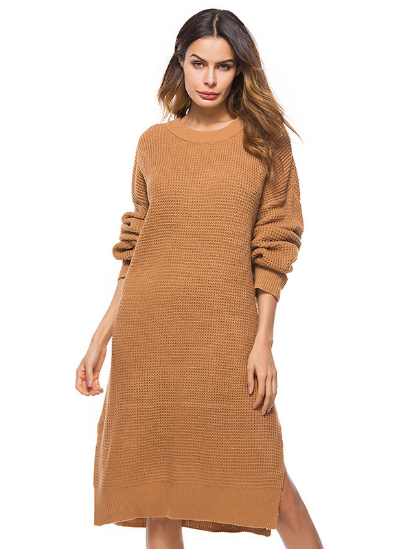 Camel Oversized Two Sides Split Knit Dresses