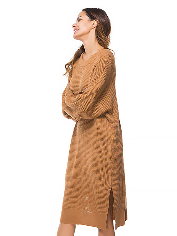 Camel Oversized Two Sides Split Knit Dresses