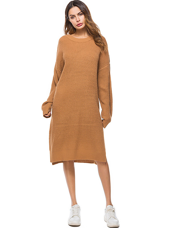 Camel Oversized Two Sides Split Knit Dresses