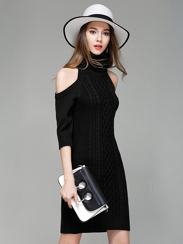 Black Cold Shoulder Bodycon Knit Dresses