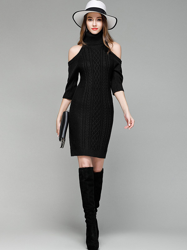 Black Cold Shoulder Bodycon Knit Dresses