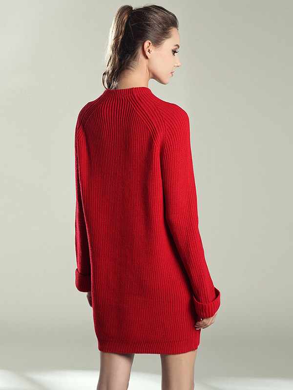 Red Roll Sleeves Midi Knit Dresses