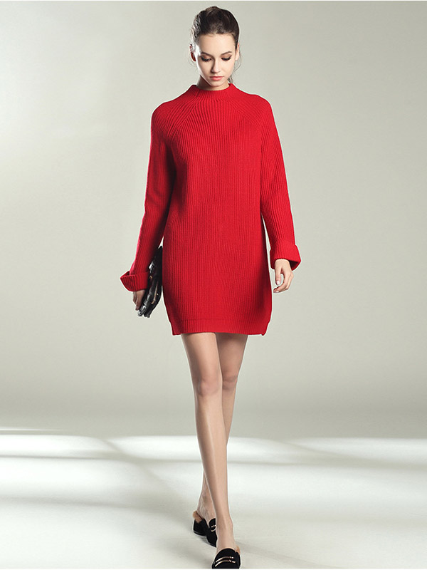 Red Roll Sleeves Midi Knit Dresses