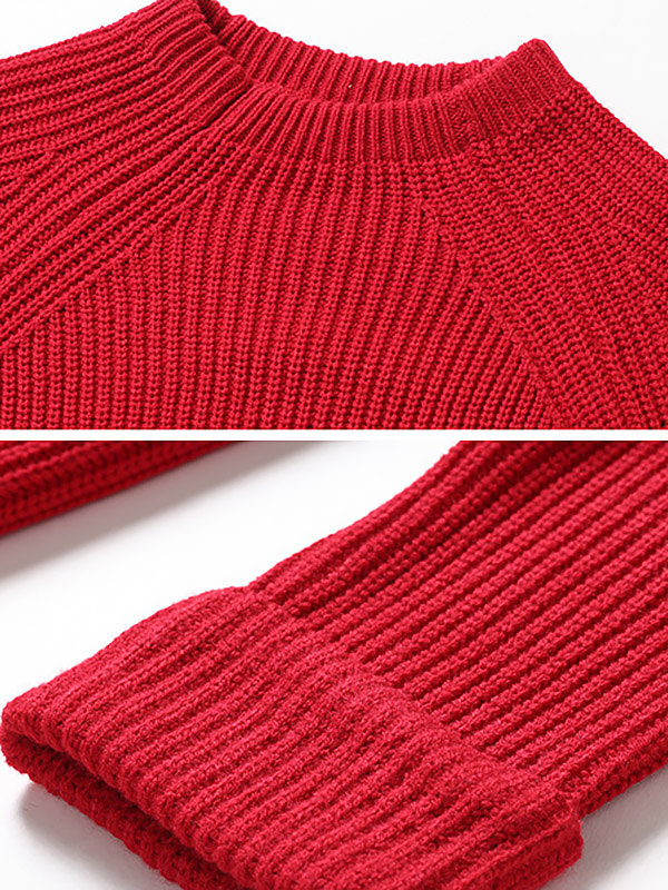 Red Roll Sleeves Midi Knit Dresses