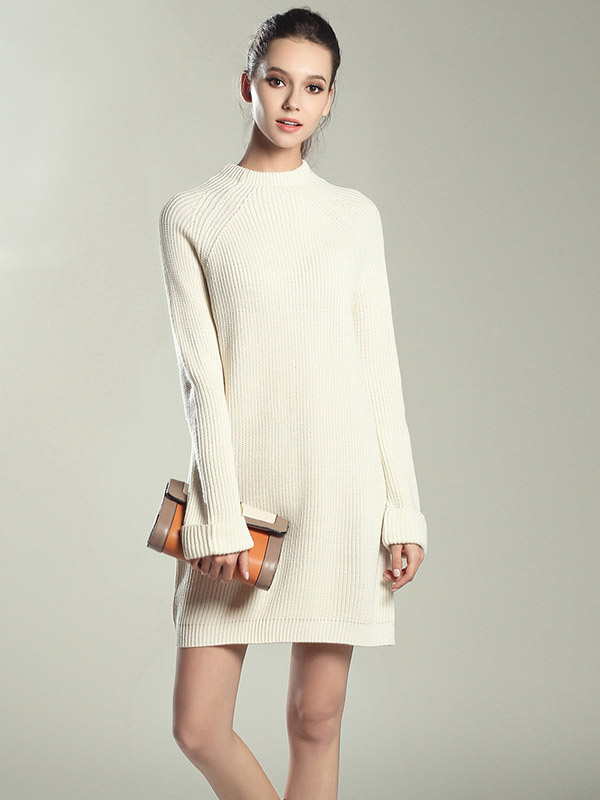 White Roll Sleeves Midi Knit Dresses