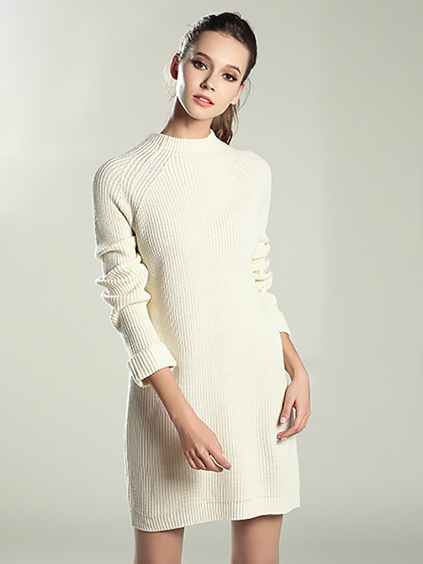 White Roll Sleeves Midi Knit Dresses