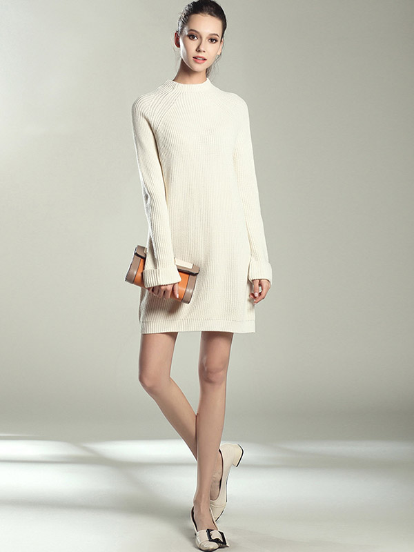 White Roll Sleeves Midi Knit Dresses