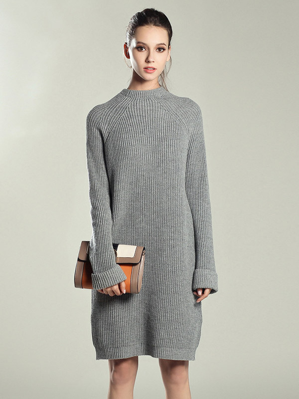 Grey Roll Sleeves Midi Knit Dresses