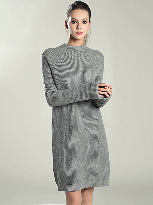 Grey Roll Sleeves Midi Knit Dresses