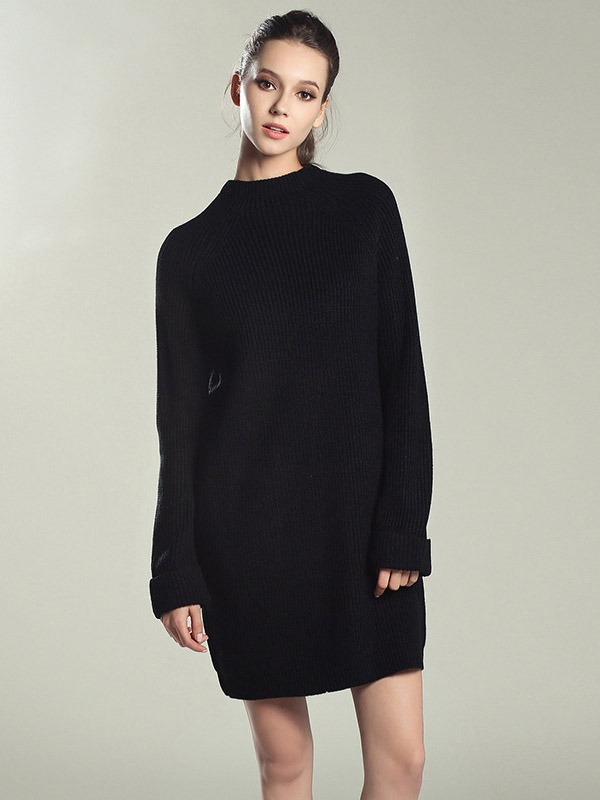 Black Roll Sleeves Midi Knit Dresses