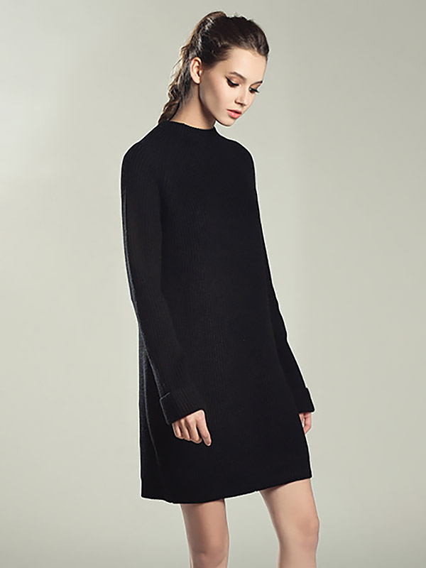 Black Roll Sleeves Midi Knit Dresses