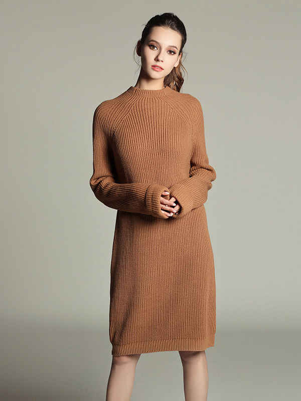 Camel Roll Sleeves Midi Knit Dresses