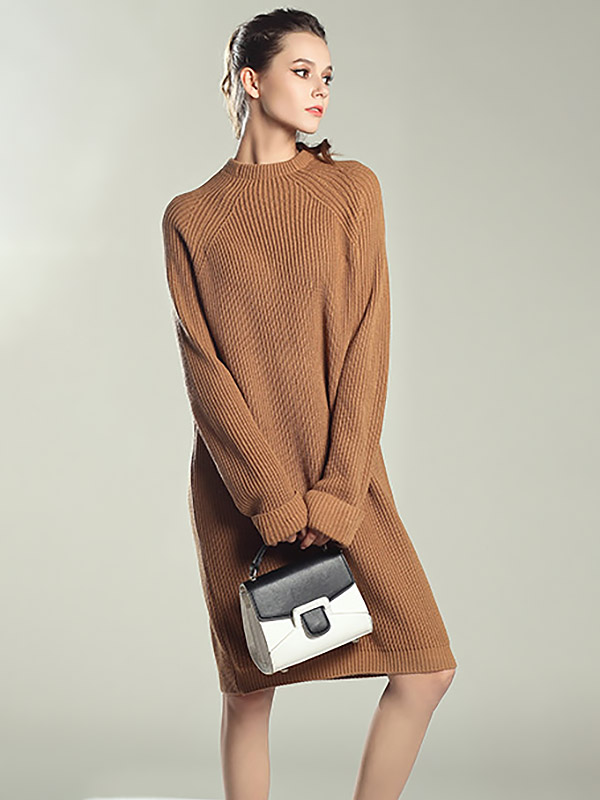 Camel Roll Sleeves Midi Knit Dresses