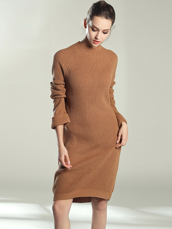 Camel Roll Sleeves Midi Knit Dresses